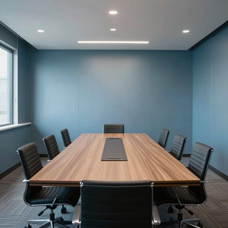 A wide angle shot of a minimalist North American boardroom with steel blue walls and sophisticated lighting.