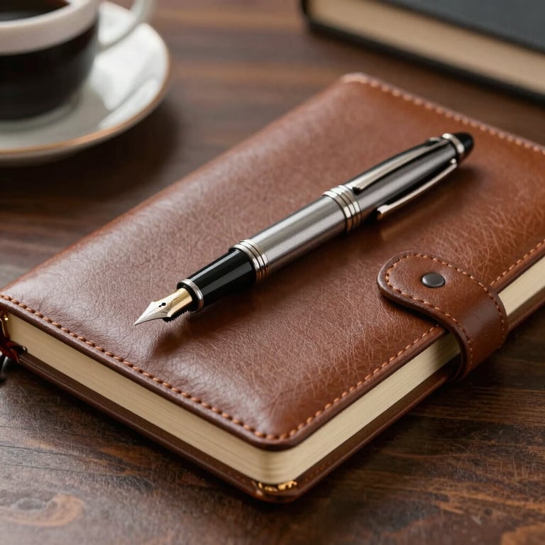 A focused shot of a fountain pen resting on a leather-bound notebook in a sophisticated office environment.