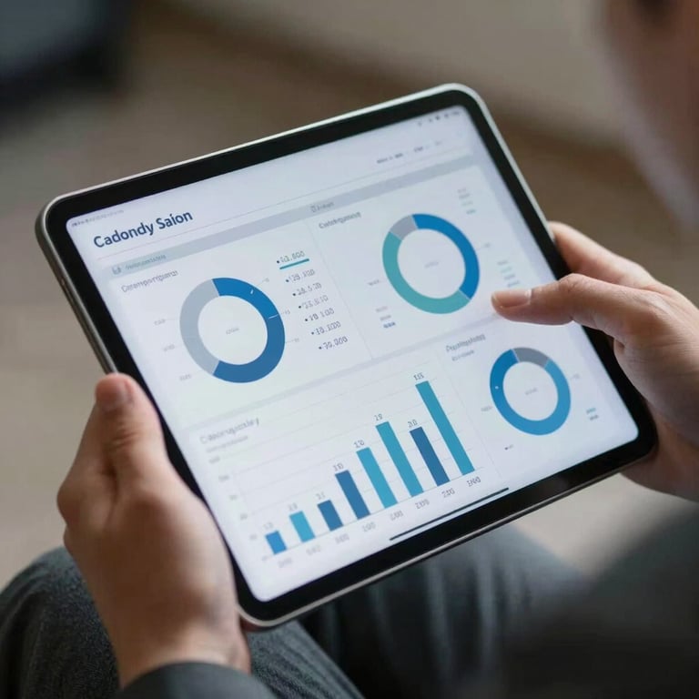 A close-up of a modern digital tablet displaying analytics charts, held by a professional in a sharp business suit.