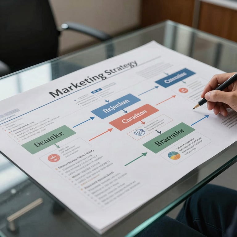 A detailed shot of a professional marketing strategy map spread across a glass table in a North American corporate setting.