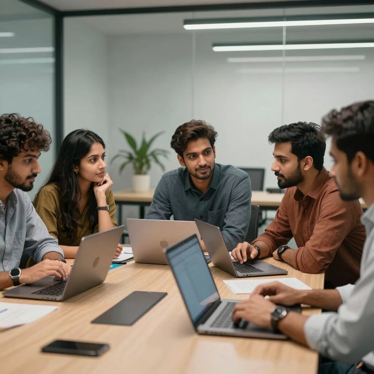A group of young South Asian entrepreneurs in a tech-ready conference room discussing growth strategies with laptops open.