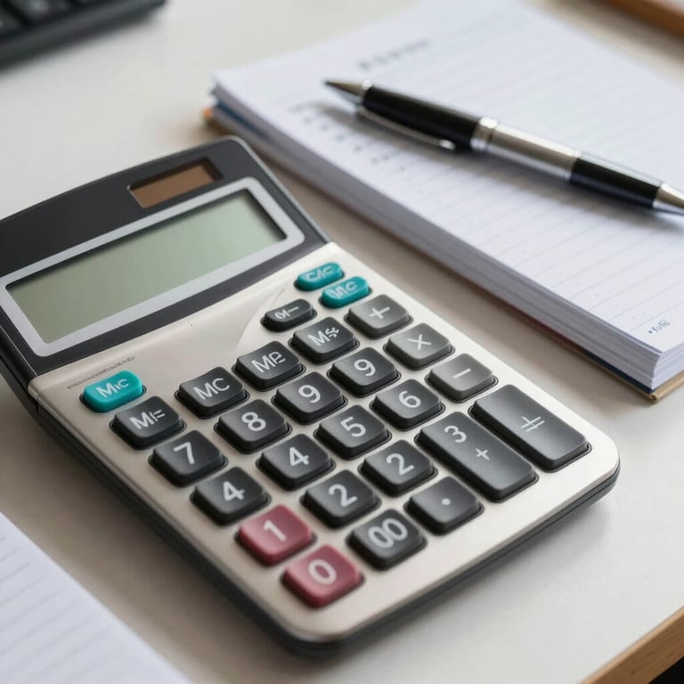 A detailed macro shot of a calculator, neatly organized ledger books, and a premium pen on an off-white desk surface.
