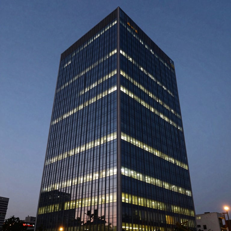 Exterior view of a modern high-rise corporate building in Bangalore at dusk, with glowing glass windows reflecting a deep navy sky.