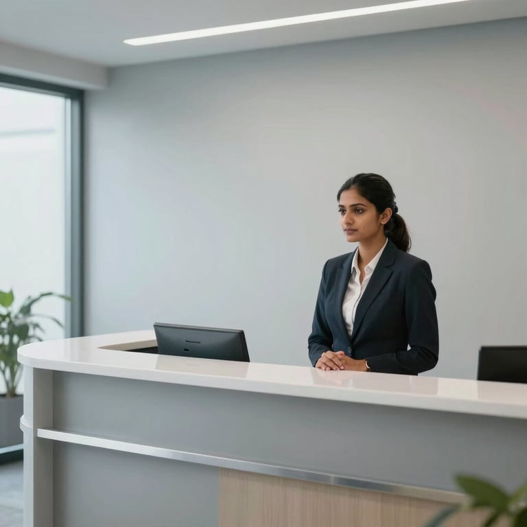 A clean, minimalist office lobby with a reception desk, featuring a South Asian receptionist in formal attire and light grey walls.