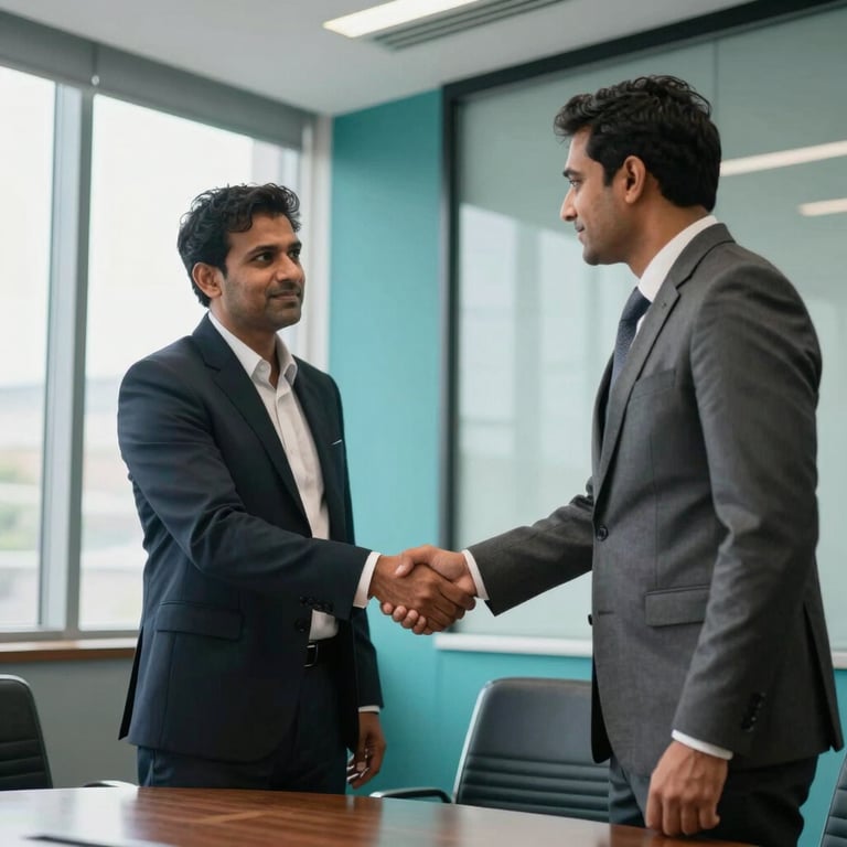 Two South Asian business colleagues shaking hands in a professional board room with large windows and teal interior elements.