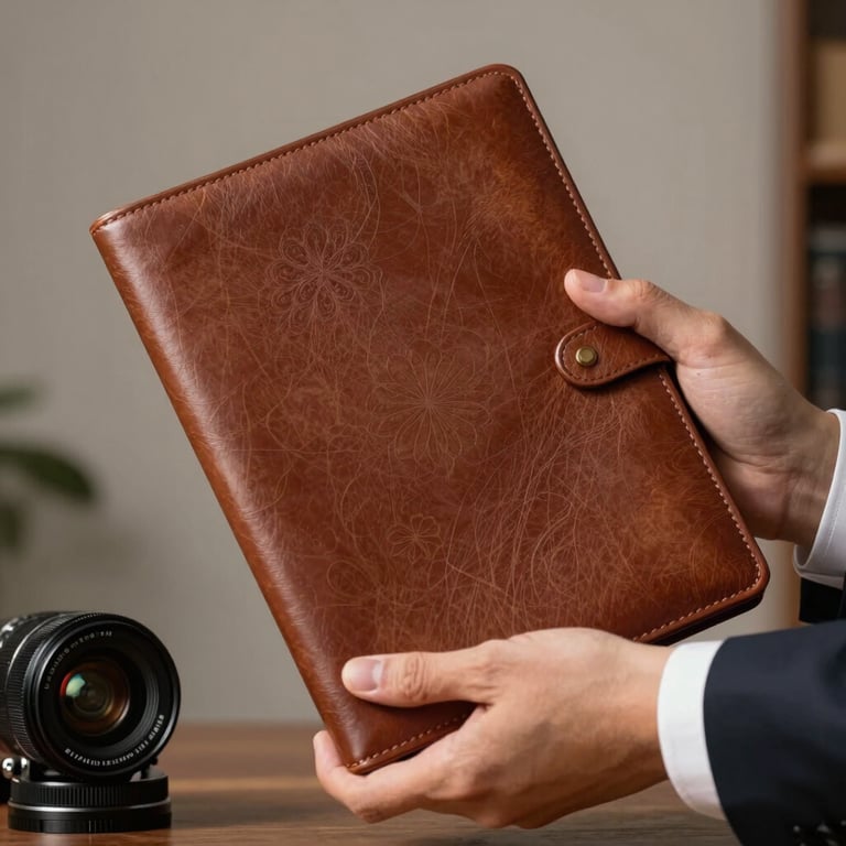 A stylized photo of a professional hand presenting a leather-bound corporate folder, representing trust and legal compliance.