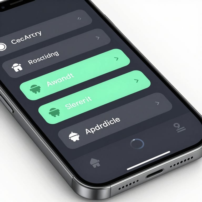 Close-up top-down shot of a modern Android smartphone displaying a clean minimalist settings menu on a dark slate interface, soft studio lighting