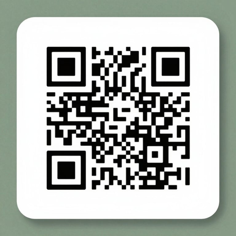 A clean, high-contrast QR code printed on a textured white card, framed by a subtle moss green border, soft natural lighting.
