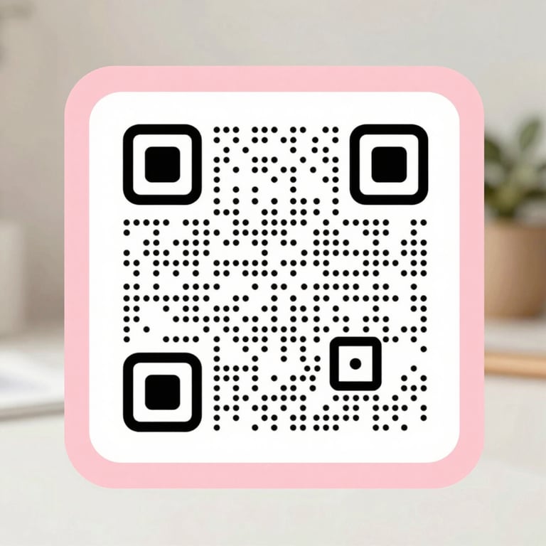 A clean minimalist graphic of a modern QR code framed by a soft pink border, elegant and high-end