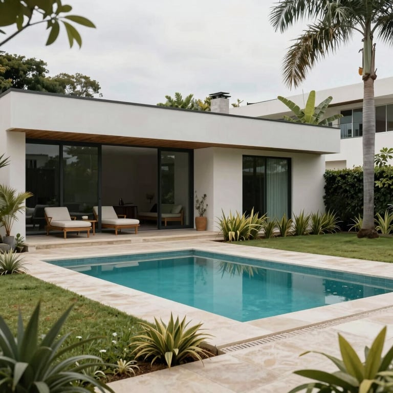 Exterior of a modern minimalist house with a swimming pool and manicured garden in a South American upscale neighborhood.
