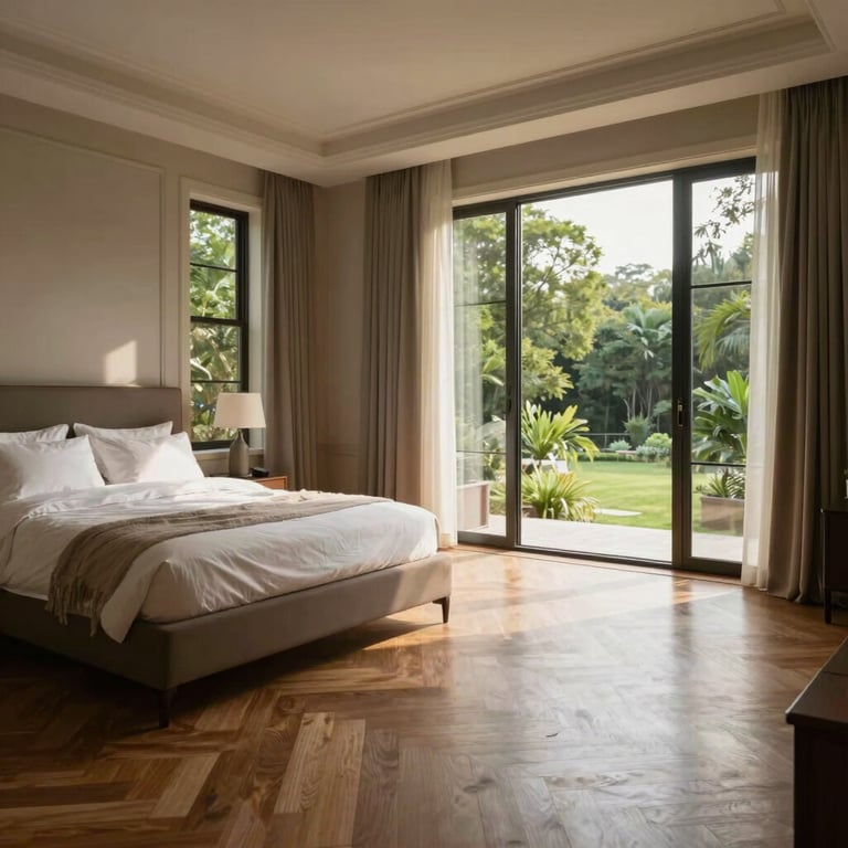 Spacious master bedroom with elegant wooden floors and large windows showing a lush green view, soft afternoon light.