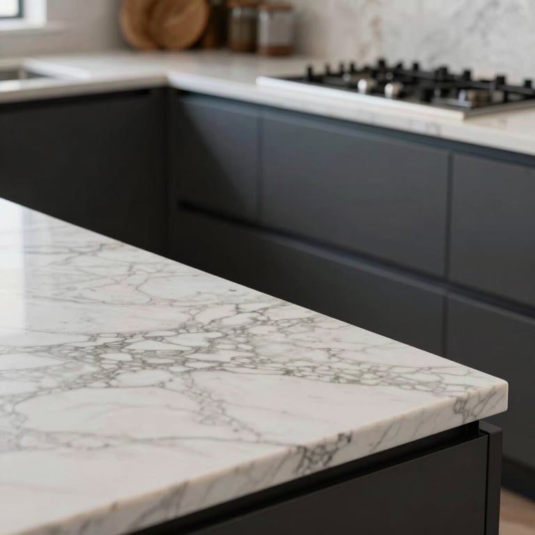 Close-up of high-quality architectural finishes, including marble countertops and sleek dark cabinetry in a gourmet kitchen.