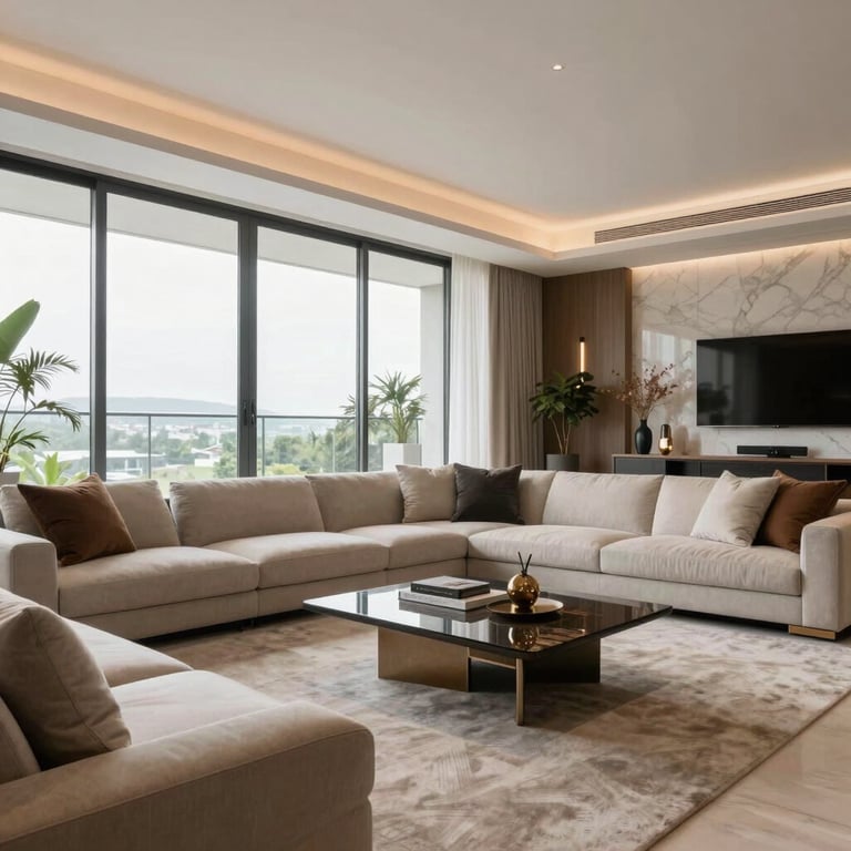 Modern luxury living room in a Brazilian apartment with floor-to-ceiling windows and designer furniture, bright and airy.