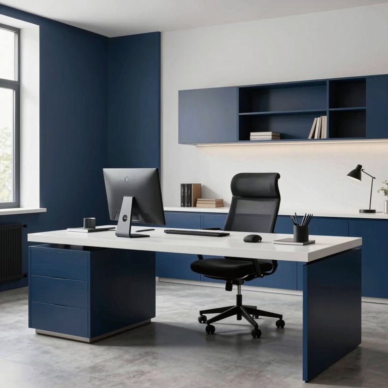 A sophisticated home office space with clean lines, dark blue accents, and professional decor, perfect for corporate clients.
