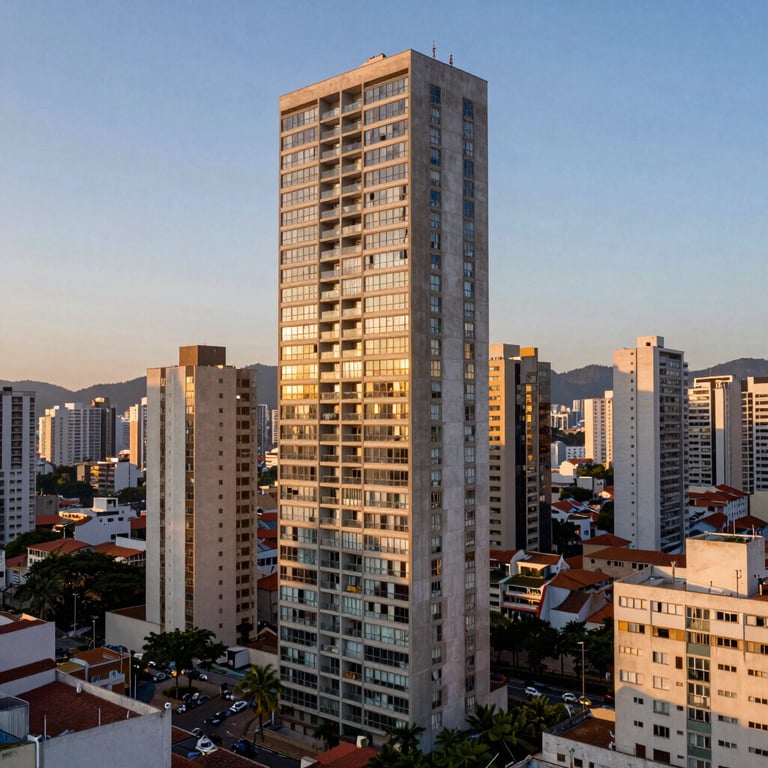 A sun-drenched balcony of a high-end condominium overlooking a vibrant Brazilian city at dusk, sophisticated urban lifestyle.