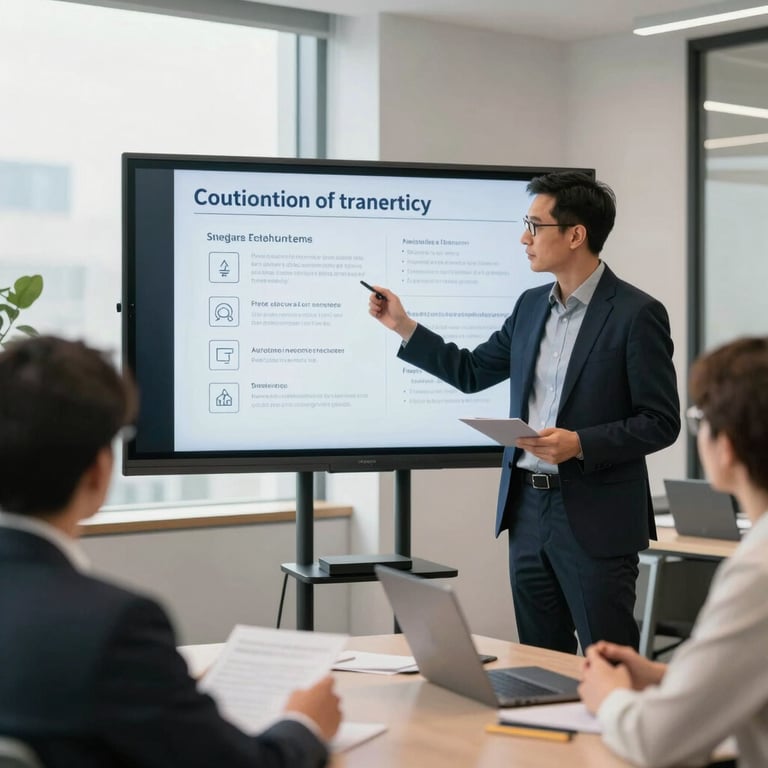 A professional individual presenting a strategy on a digital board to a small group in a bright, contemporary office.