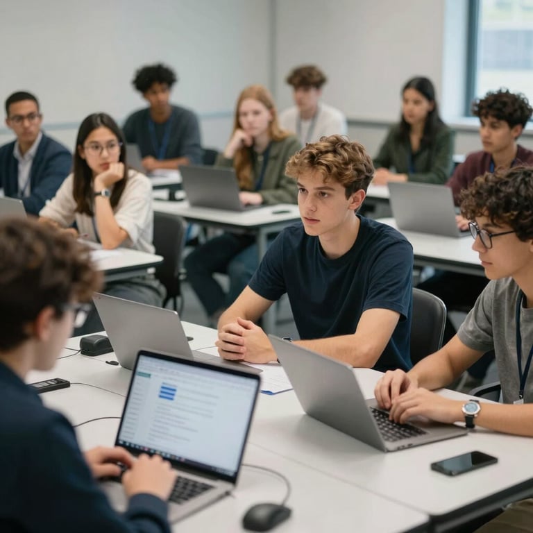Photography of a diverse group of students in a high-tech classroom engaged in a deep discussion, representing a professional and innovative mood.