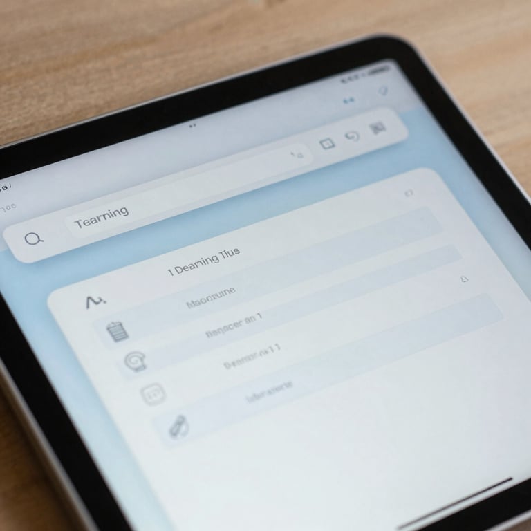A close-up of a digital tablet showing a clean, modern learning interface with soft sky blue highlights.