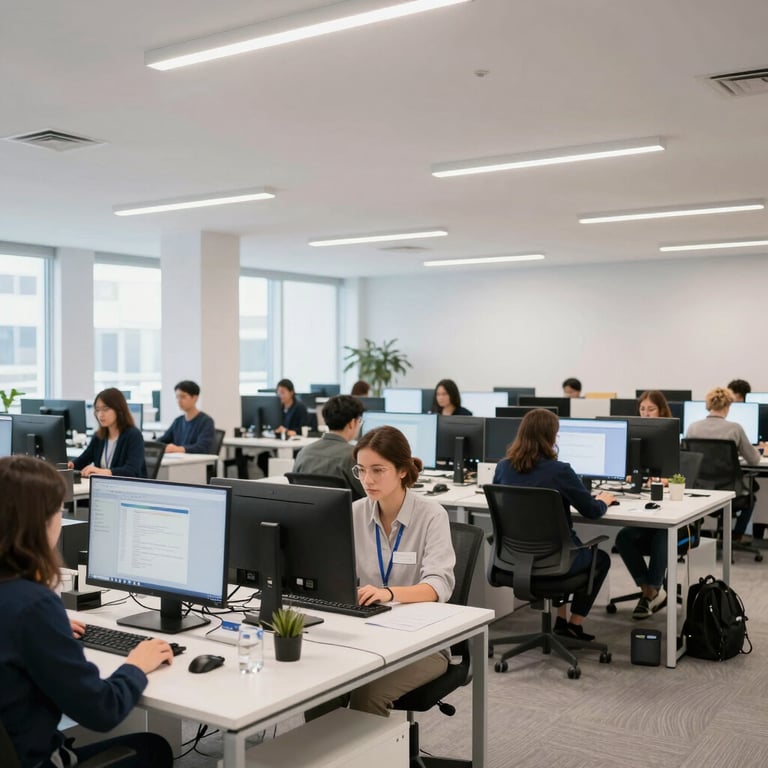 A wide shot of a modern, open-plan innovation hub with people working on computers in a Global / International setting, featuring pale arctic white lighting.