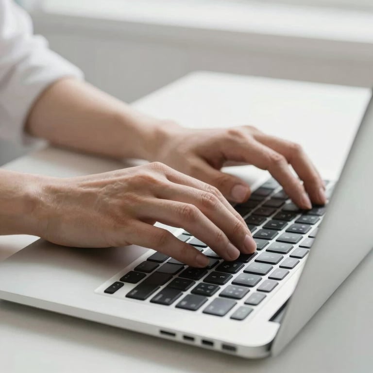 A detailed shot of a person’s hands typing on a laptop keyboard in a bright, clean, minimalist workspace.