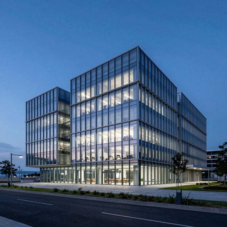 An architectural shot of a modern glass-and-steel education center at dusk with deep ocean blue lighting.