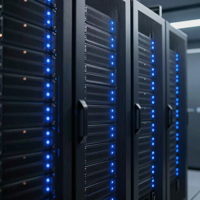 An abstract perspective of a high-end server room with glowing blue status lights and dark shadows.