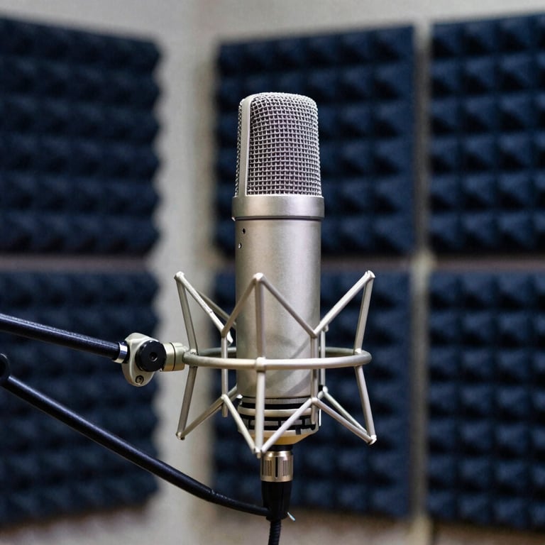 A professional recording setup for a tech podcast, showing a high-end microphone and sound-dampening panels in deep navy tones.