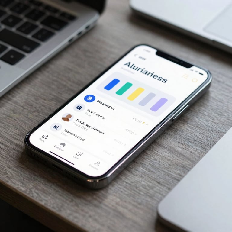 A sleek smartphone resting on a desk, displaying a modern AI productivity app with a clean interface.