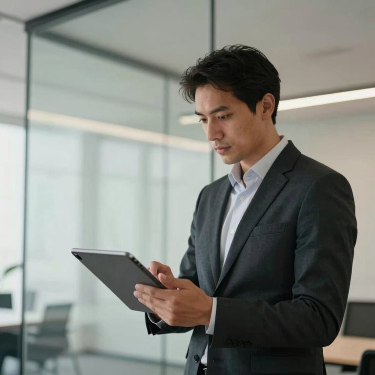 A man in professional tech attire looking at a tablet in a modern, glass-walled office with soft off-white lighting.