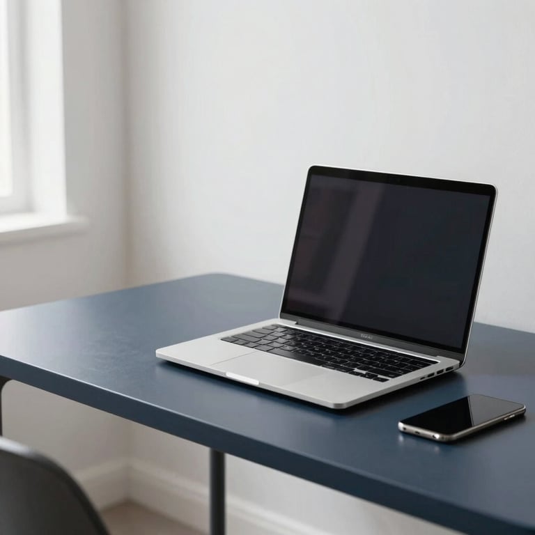 A minimalist home office setup with a high-end laptop on a charcoal blue desk, featuring a clean white aesthetic and natural light.