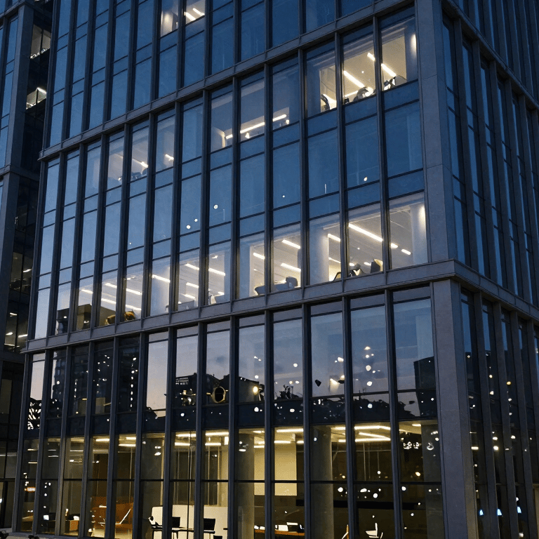 A man in his early 30s working at a high-tech workstation with dual monitors showing software code, illuminated by subtle steel blue backlighting.