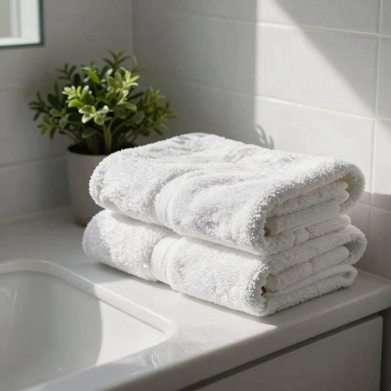 Modern bathroom corner with stacked fresh white towels, a small green plant, and bright natural lighting reflecting off clean surfaces.