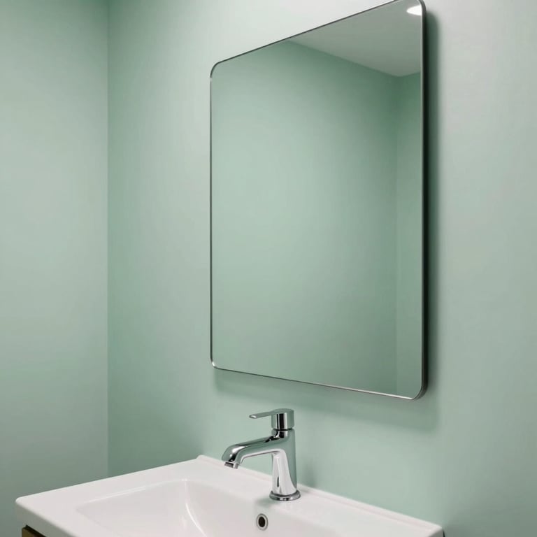 A stylish bathroom interior featuring soft mint green walls, a large lighted mirror, and minimalist chrome fixtures.