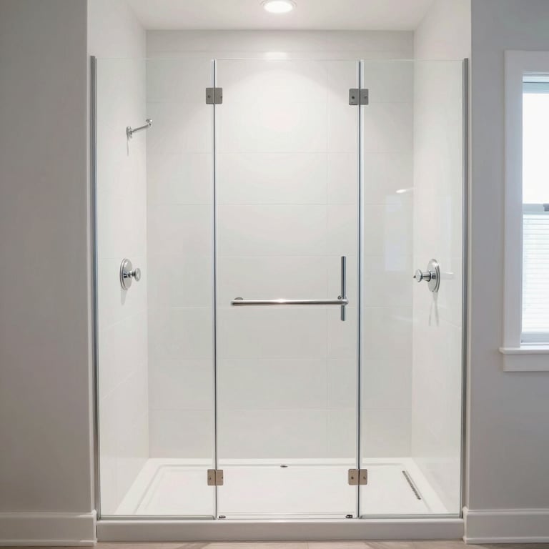 Modern walk-in shower with large format white tiles and a minimalist glass partition in a North American home, bright natural light.