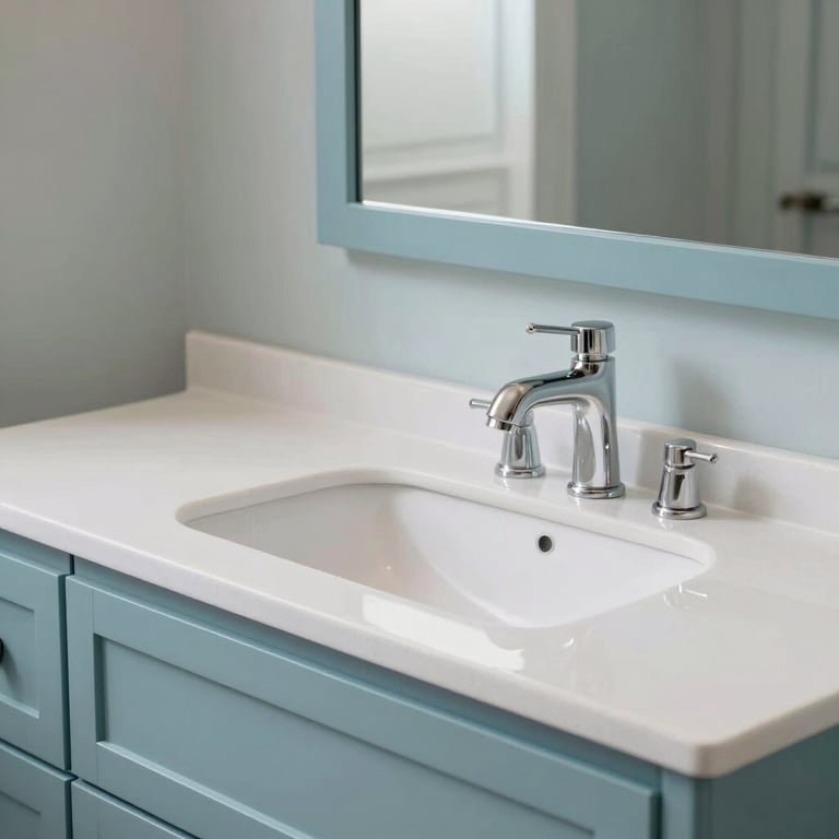 Close-up of a contemporary double vanity with soft aqua blue cabinets and white quartz countertops, clean and modern aesthetic.