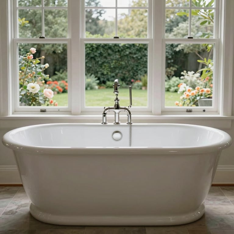 A luxurious freestanding white bathtub positioned under a large window with views of a garden in a North American home.