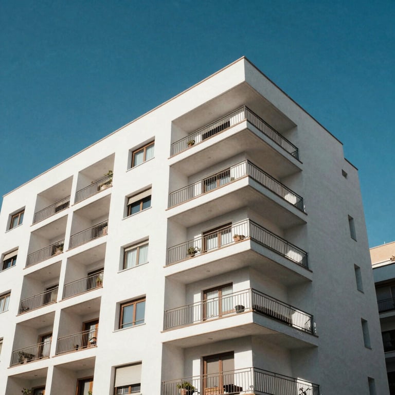 A sunny, wide-angle photograph of a contemporary residential building with clean white architecture and large balconies located in Madrid. Vibrant blue sky in the background.