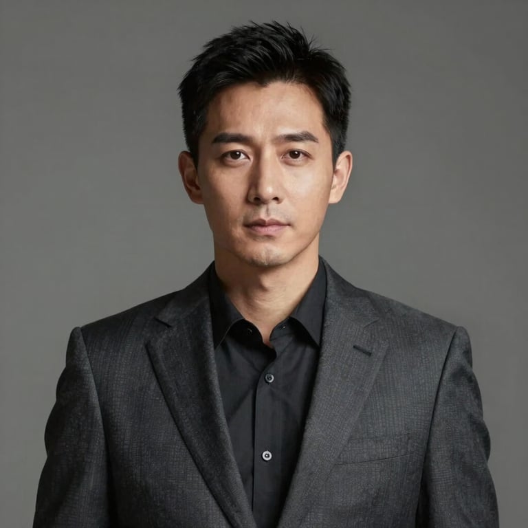 Hyper-realistic corporate headshot of the same man, elegant charcoal suit, soft studio rim lighting, professional.