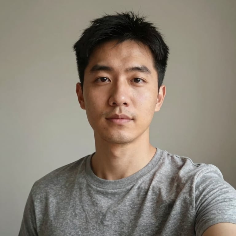 Simple casual smartphone selfie of a man, flat home lighting, neutral background.