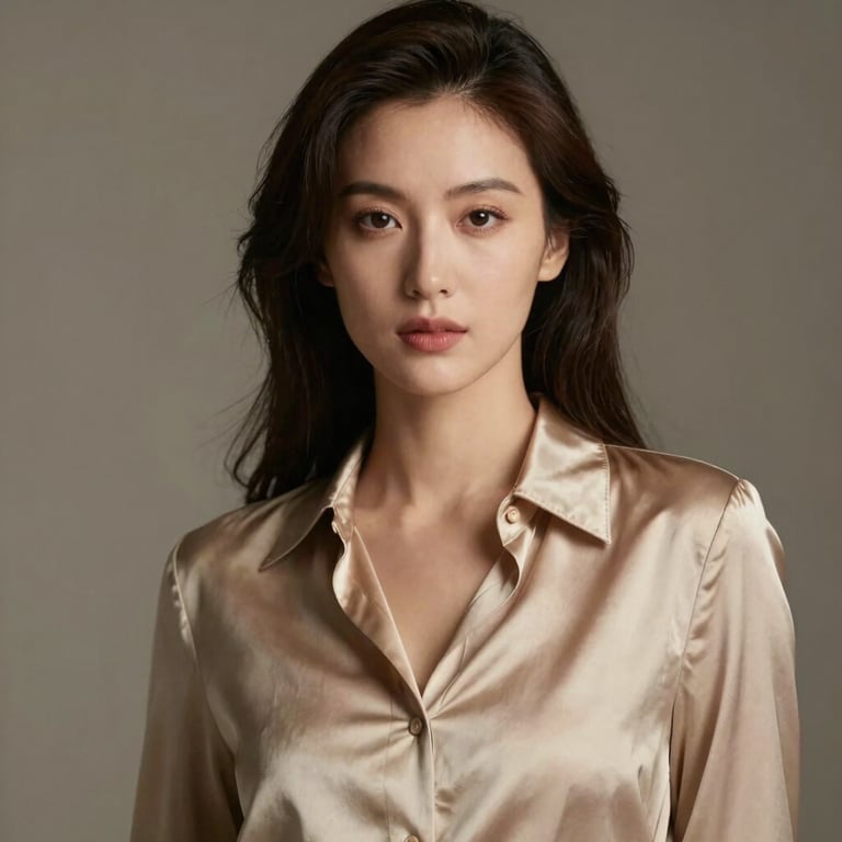 Hyper-realistic fine art portrait of the same woman, elegant champagne gold silk blouse, cinematic lighting.