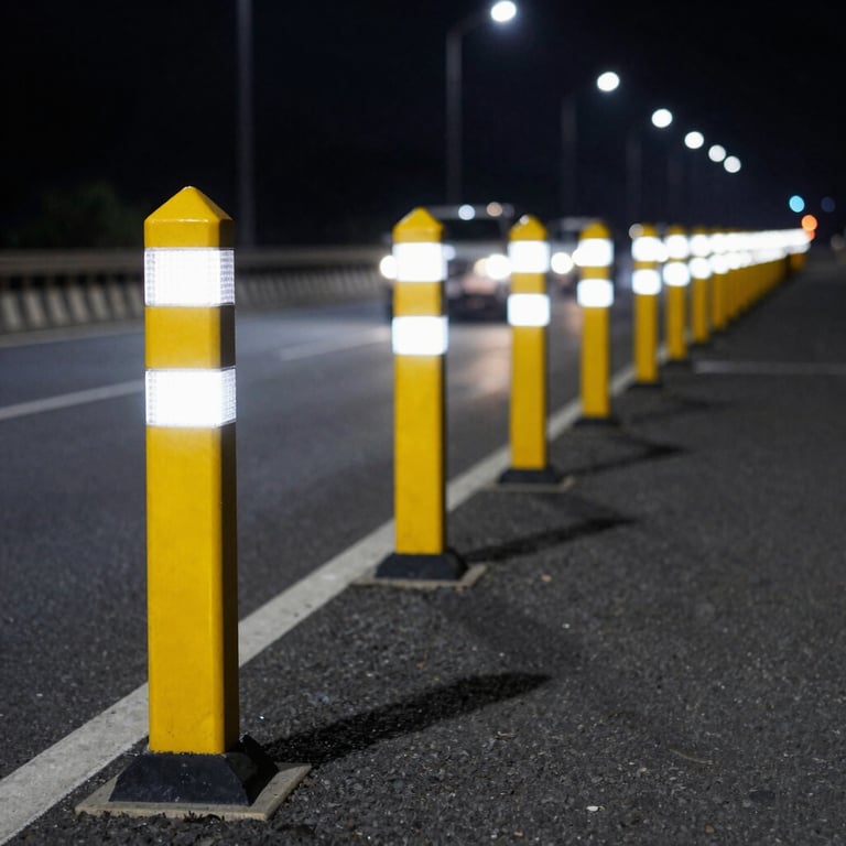 A row of bright yellow and white reflective road studs on an Indian highway at night, glowing under vehicle headlights. High-contrast photography.