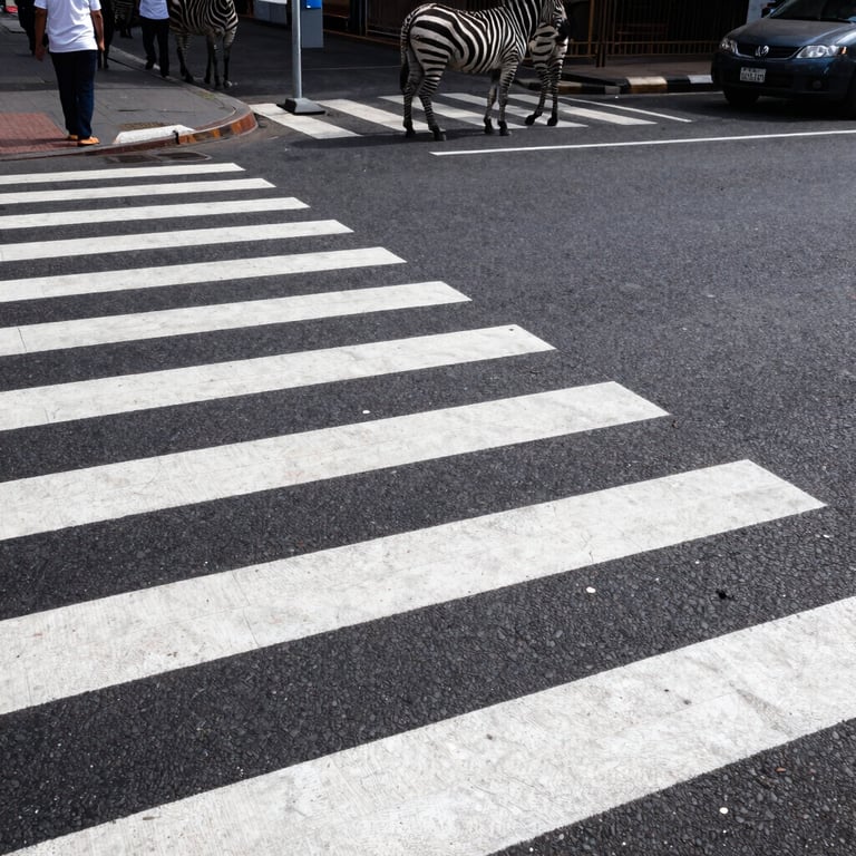 Detailed shot of a zebra crossing at a busy urban intersection in a South Asian city, featuring crisp white thermoplastic paint.