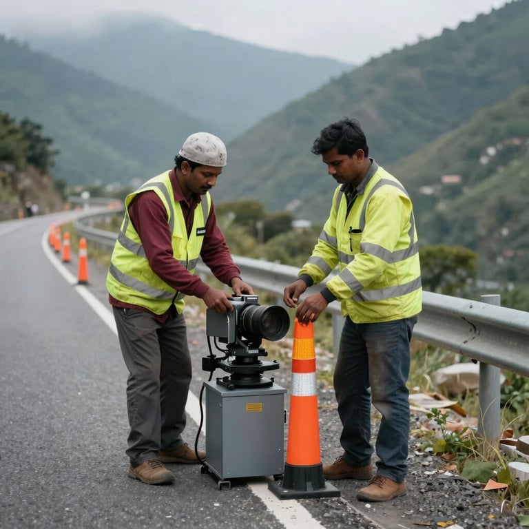 South Asian road crew in safety attire using a specialized machine to install reflective highway delineators along a mountain road.