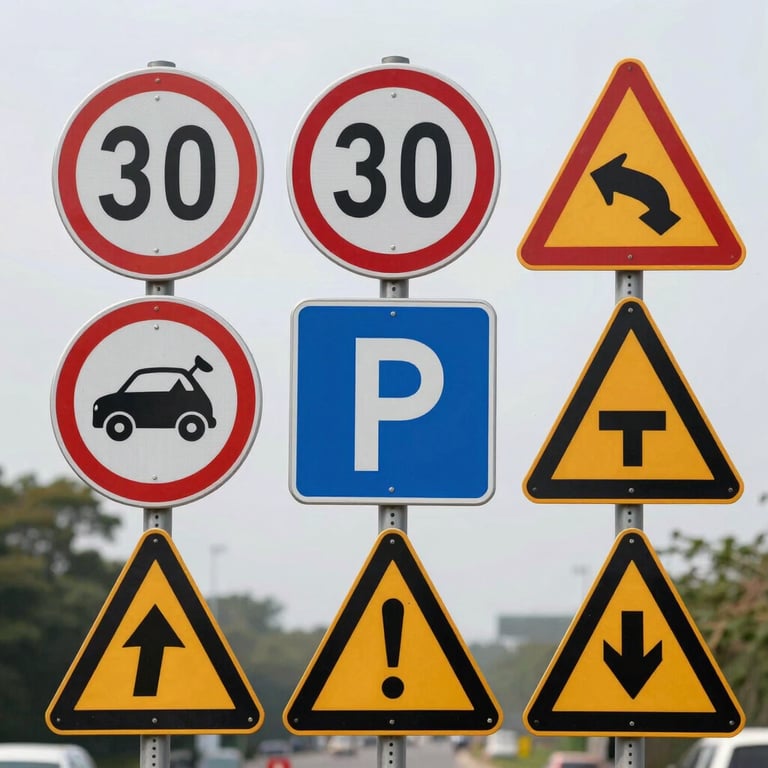 A collection of professional traffic regulatory signs, including speed limits and cautionary symbols, ready for installation. Clean, modern look.