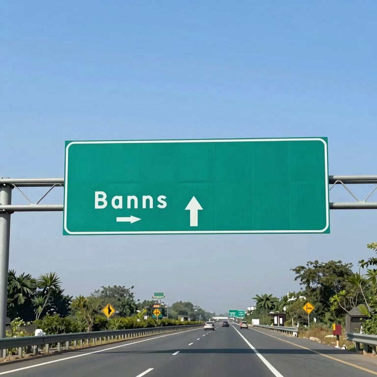 Installation of a large overhead green and white directional gantry sign on a multi-lane expressway in India. Bright blue sky.