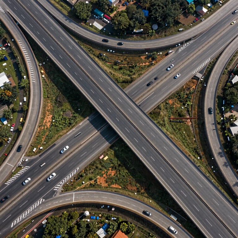 Aerial drone view of a complex highway cloverleaf interchange in India showing perfectly executed road markings and safety lanes.