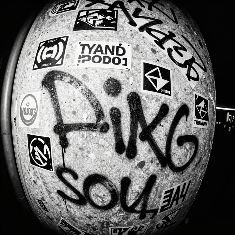 Extreme close-up of a concrete wall covered in raw marker graffiti and stickers, high contrast black and white photocopy texture.