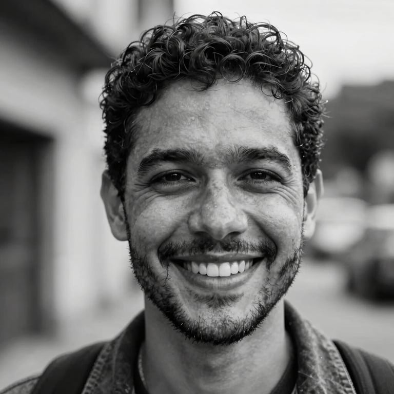 Close-up portrait of Wagner Rodrigues Wagão, professional journalist and cultural producer, smiling, warm natural light, black and white.