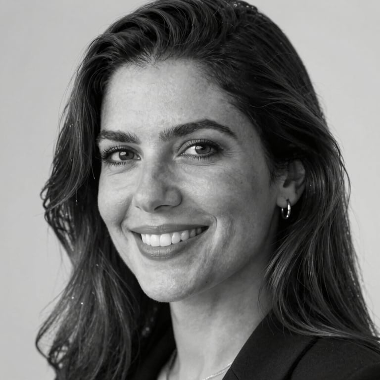 Close-up portrait of Fernanda Camargo, professional journalist, elegant, smiling, warm natural light, black and white.