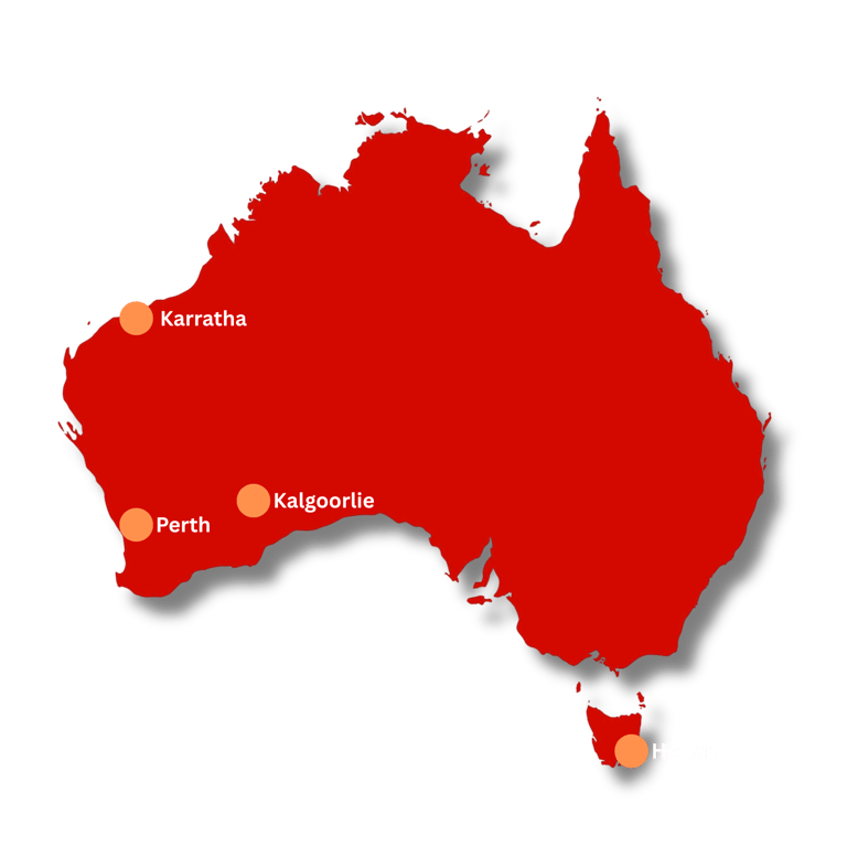 map of australia with cities marked karratha, kalgoorlie, hobart and perth